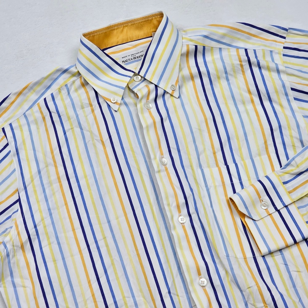 Maus & Hoffman Button Down Shirt Mens M White Yellow Blue Striped Swiss Preppy